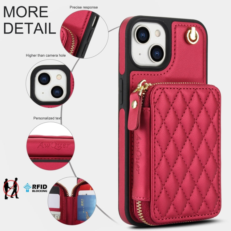 For iPhone 15 AwQuer Crossbody Zipper Wallet Rhombic Leather Back Phone Case(Red) - iPhone 15 Cases by Awquer | Online Shopping UK | buy2fix