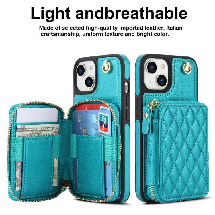 For iPhone 15 AwQuer Crossbody Zipper Wallet Rhombic Leather Back Phone Case(Green) - iPhone 15 Cases by Awquer | Online Shopping UK | buy2fix
