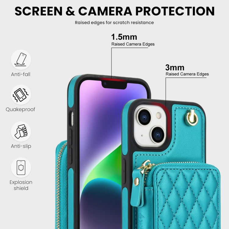 For iPhone 15 AwQuer Crossbody Zipper Wallet Rhombic Leather Back Phone Case(Green) - iPhone 15 Cases by Awquer | Online Shopping UK | buy2fix
