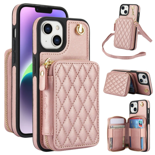 For iPhone 15 AwQuer Crossbody Zipper Wallet Rhombic Leather Back Phone Case(Rose Gold)