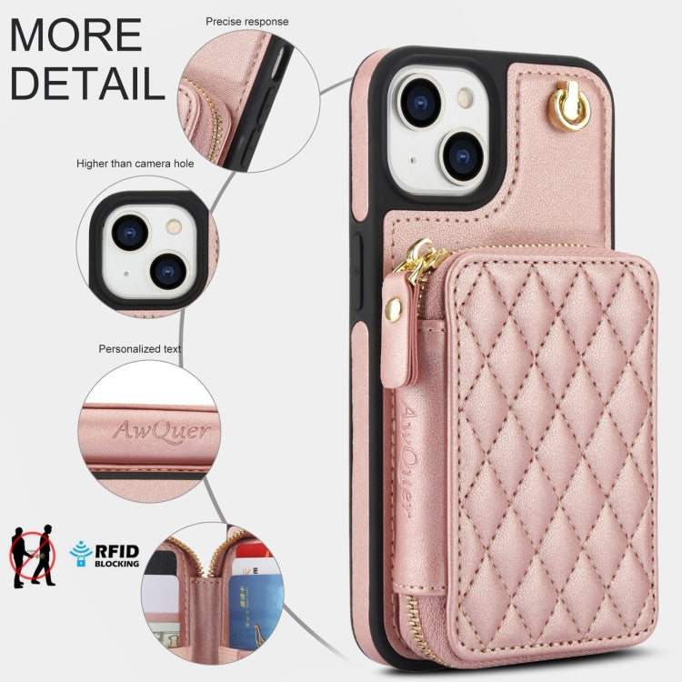 For iPhone 15 AwQuer Crossbody Zipper Wallet Rhombic Leather Back Phone Case(Rose Gold) - iPhone 15 Cases by Awquer | Online Shopping UK | buy2fix