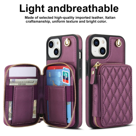 For iPhone 15 AwQuer Crossbody Zipper Wallet Rhombic Leather Back Phone Case(Dark Purple) - iPhone 15 Cases by Awquer | Online Shopping UK | buy2fix