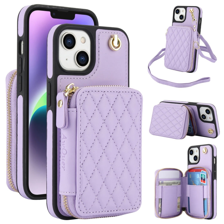 For iPhone 15 AwQuer Crossbody Zipper Wallet Rhombic Leather Back Phone Case(Purple) - iPhone 15 Cases by Awquer | Online Shopping UK | buy2fix