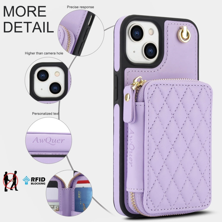 For iPhone 15 AwQuer Crossbody Zipper Wallet Rhombic Leather Back Phone Case(Purple) - iPhone 15 Cases by Awquer | Online Shopping UK | buy2fix