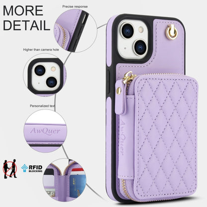 For iPhone 15 AwQuer Crossbody Zipper Wallet Rhombic Leather Back Phone Case(Purple) - iPhone 15 Cases by Awquer | Online Shopping UK | buy2fix