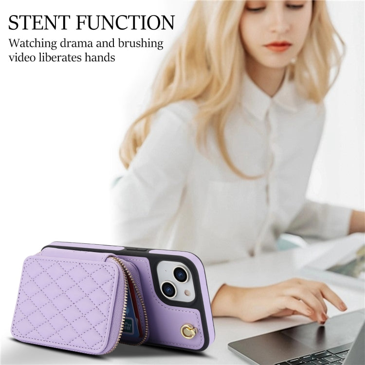 For iPhone 15 AwQuer Crossbody Zipper Wallet Rhombic Leather Back Phone Case(Purple) - iPhone 15 Cases by Awquer | Online Shopping UK | buy2fix
