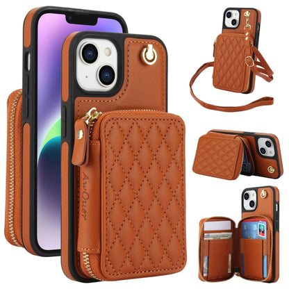 For iPhone 15 AwQuer Crossbody Zipper Wallet Rhombic Leather Back Phone Case(Brown) - iPhone 15 Cases by Awquer | Online Shopping UK | buy2fix