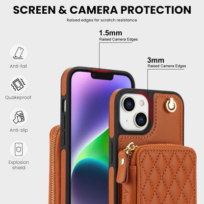 For iPhone 15 AwQuer Crossbody Zipper Wallet Rhombic Leather Back Phone Case(Brown) - iPhone 15 Cases by Awquer | Online Shopping UK | buy2fix