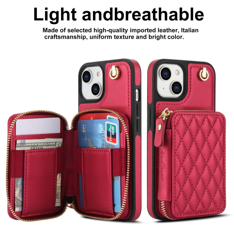 For iPhone 14 Plus AwQuer Crossbody Zipper Wallet Rhombic Leather Back Phone Case(Red) - iPhone 14 Plus Cases by Awquer | Online Shopping UK | buy2fix