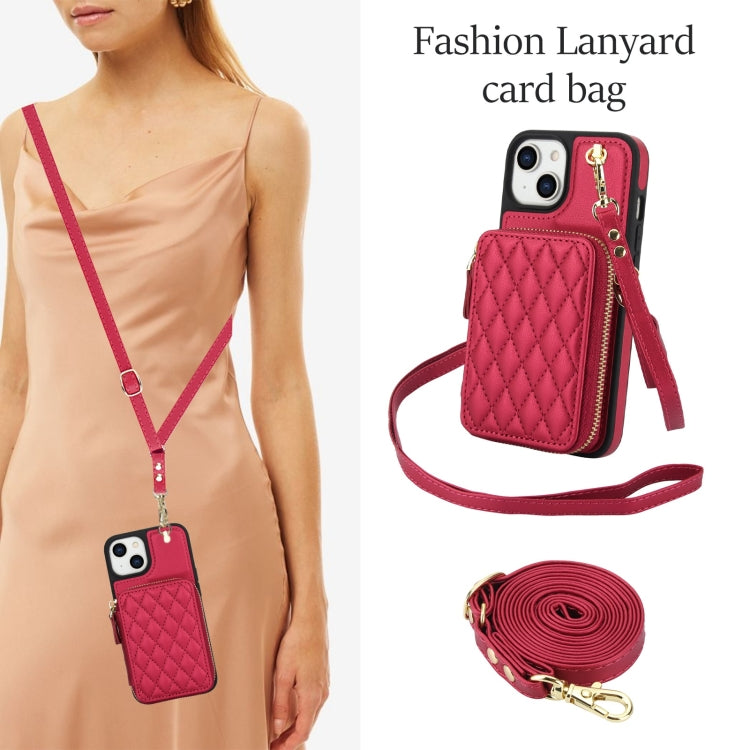 For iPhone 14 Plus AwQuer Crossbody Zipper Wallet Rhombic Leather Back Phone Case(Red) - iPhone 14 Plus Cases by Awquer | Online Shopping UK | buy2fix