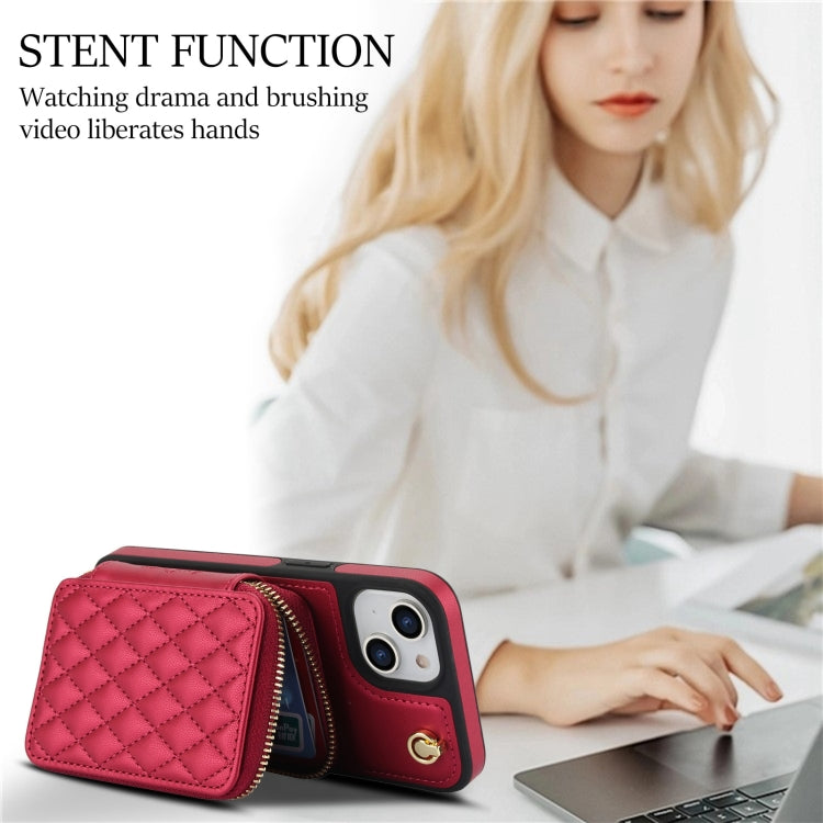 For iPhone 14 Plus AwQuer Crossbody Zipper Wallet Rhombic Leather Back Phone Case(Red) - iPhone 14 Plus Cases by Awquer | Online Shopping UK | buy2fix