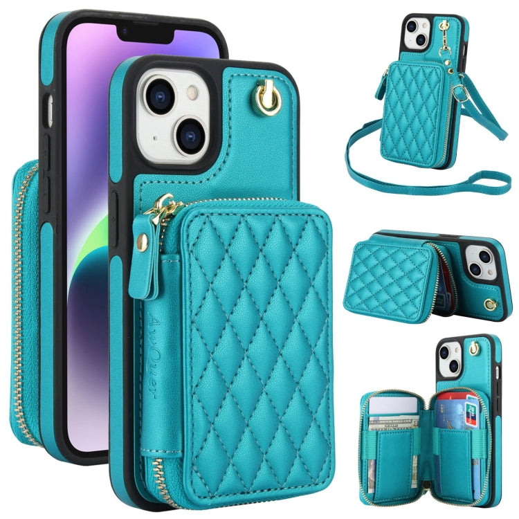 For iPhone 14 Plus AwQuer Crossbody Zipper Wallet Rhombic Leather Back Phone Case(Green) - iPhone 14 Plus Cases by Awquer | Online Shopping UK | buy2fix