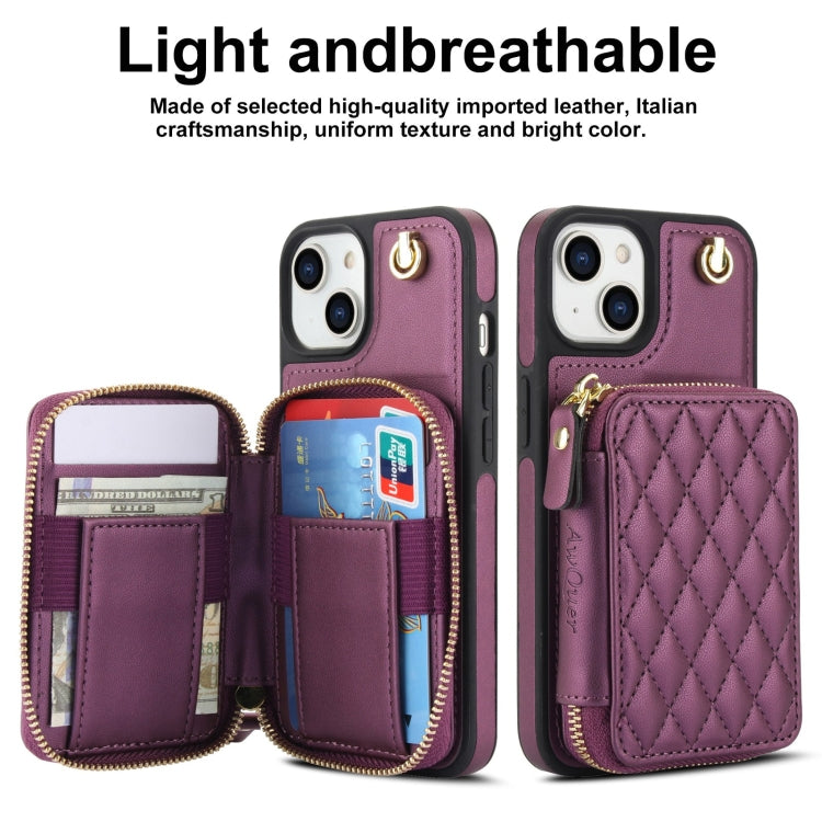 For iPhone 14 Plus AwQuer Crossbody Zipper Wallet Rhombic Leather Back Phone Case(Dark Purple) - iPhone 14 Plus Cases by Awquer | Online Shopping UK | buy2fix
