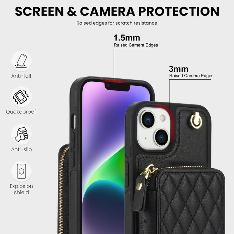 For iPhone 14 / 13 AwQuer Crossbody Zipper Wallet Rhombic Leather Back Phone Case(Black) - iPhone 14 Cases by Awquer | Online Shopping UK | buy2fix