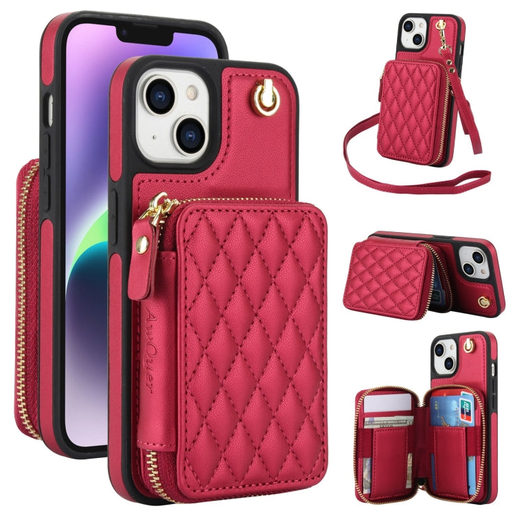 For iPhone 14 / 13 AwQuer Crossbody Zipper Wallet Rhombic Leather Back Phone Case(Red) - iPhone 14 Cases by Awquer | Online Shopping UK | buy2fix