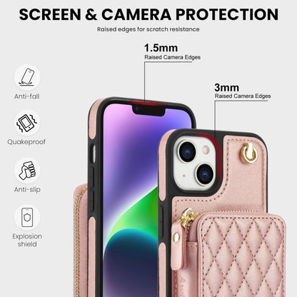 For iPhone 14 / 13 AwQuer Crossbody Zipper Wallet Rhombic Leather Back Phone Case(Rose Gold) - iPhone 14 Cases by Awquer | Online Shopping UK | buy2fix