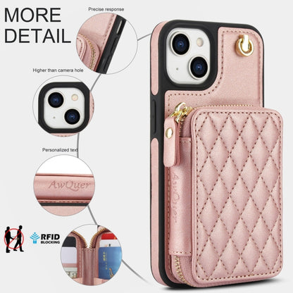 For iPhone 14 / 13 AwQuer Crossbody Zipper Wallet Rhombic Leather Back Phone Case(Rose Gold) - iPhone 14 Cases by Awquer | Online Shopping UK | buy2fix