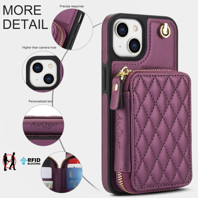 For iPhone 14 / 13 AwQuer Crossbody Zipper Wallet Rhombic Leather Back Phone Case(Dark Purple) - iPhone 14 Cases by Awquer | Online Shopping UK | buy2fix