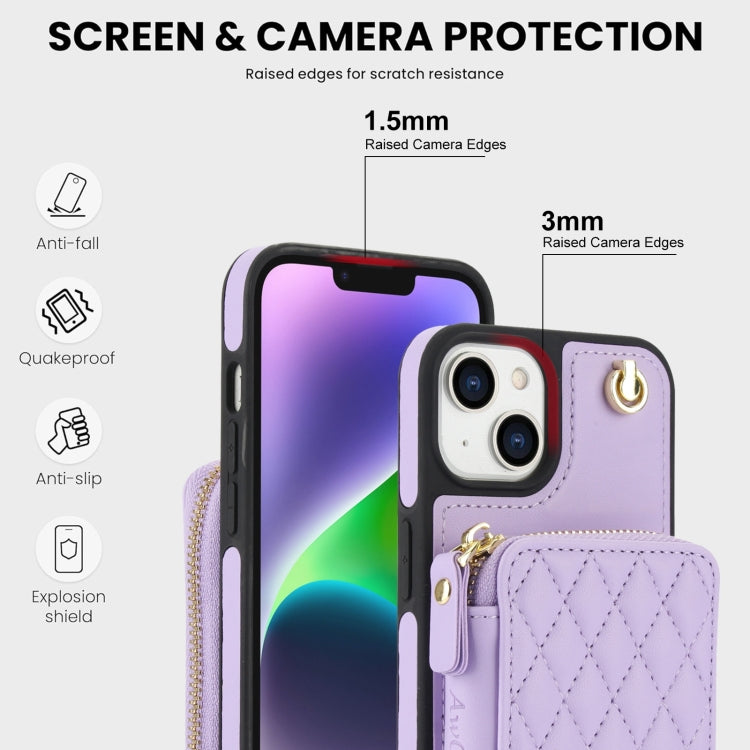 For iPhone 14 / 13 AwQuer Crossbody Zipper Wallet Rhombic Leather Back Phone Case(Purple) - iPhone 14 Cases by Awquer | Online Shopping UK | buy2fix