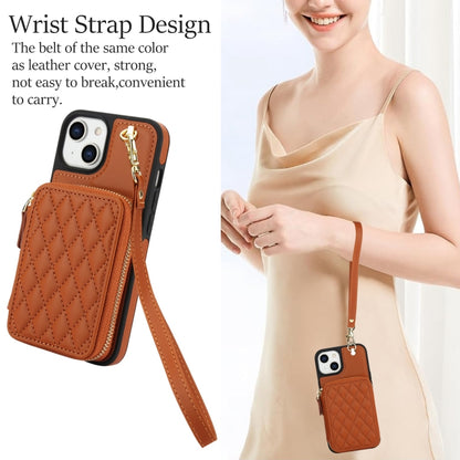 For iPhone 14 / 13 AwQuer Crossbody Zipper Wallet Rhombic Leather Back Phone Case(Brown) - iPhone 14 Cases by Awquer | Online Shopping UK | buy2fix