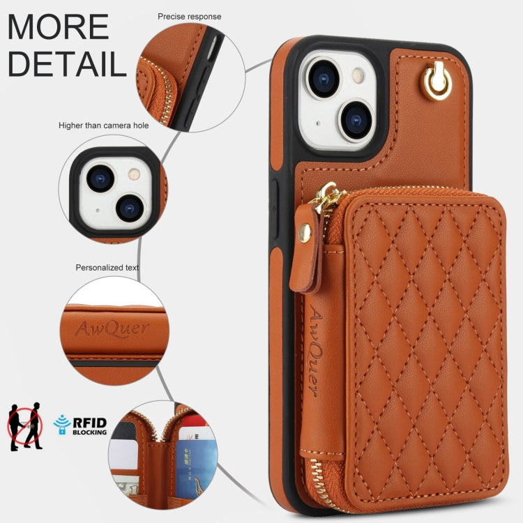 For iPhone 14 / 13 AwQuer Crossbody Zipper Wallet Rhombic Leather Back Phone Case(Brown) - iPhone 14 Cases by Awquer | Online Shopping UK | buy2fix