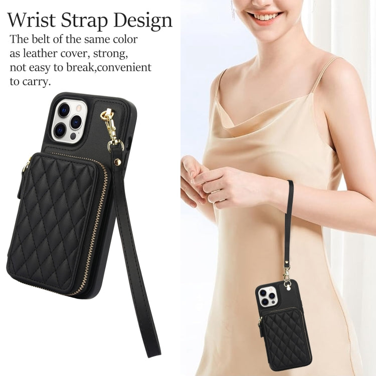 For iPhone 14 Pro AwQuer Crossbody Zipper Wallet Rhombic Leather Back Phone Case(Black) - iPhone 14 Pro Cases by Awquer | Online Shopping UK | buy2fix