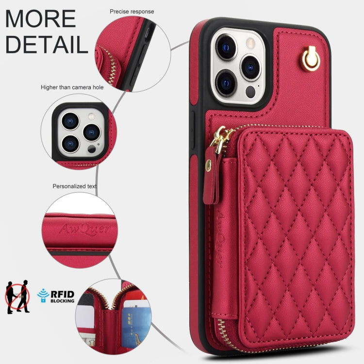 For iPhone 14 Pro AwQuer Crossbody Zipper Wallet Rhombic Leather Back Phone Case(Red) - iPhone 14 Pro Cases by Awquer | Online Shopping UK | buy2fix
