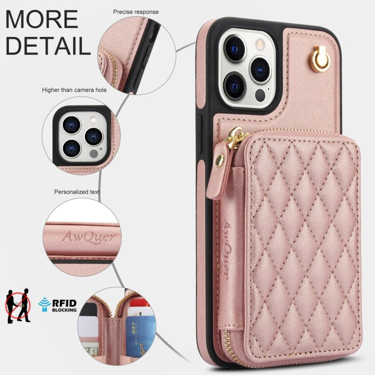 For iPhone 14 Pro AwQuer Crossbody Zipper Wallet Rhombic Leather Back Phone Case(Rose Gold) - iPhone 14 Pro Cases by Awquer | Online Shopping UK | buy2fix