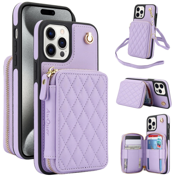 For iPhone 14 Pro AwQuer Crossbody Zipper Wallet Rhombic Leather Back Phone Case(Purple) - iPhone 14 Pro Cases by Awquer | Online Shopping UK | buy2fix