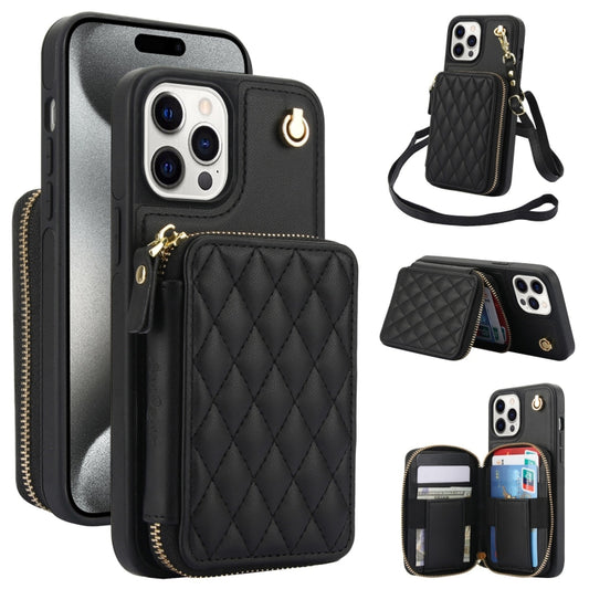 For iPhone 14 Pro Max AwQuer Crossbody Zipper Wallet Rhombic Leather Back Phone Case(Black) - iPhone 14 Pro Max Cases by Awquer | Online Shopping UK | buy2fix