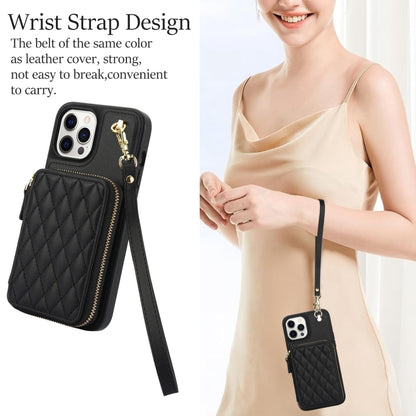 For iPhone 14 Pro Max AwQuer Crossbody Zipper Wallet Rhombic Leather Back Phone Case(Black) - iPhone 14 Pro Max Cases by Awquer | Online Shopping UK | buy2fix