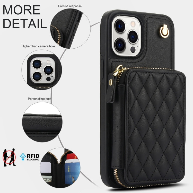 For iPhone 14 Pro Max AwQuer Crossbody Zipper Wallet Rhombic Leather Back Phone Case(Black) - iPhone 14 Pro Max Cases by Awquer | Online Shopping UK | buy2fix