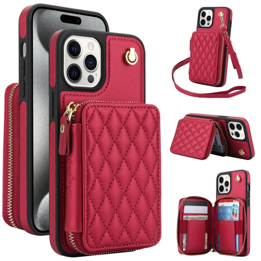 For iPhone 14 Pro Max AwQuer Crossbody Zipper Wallet Rhombic Leather Back Phone Case(Red) - iPhone 14 Pro Max Cases by Awquer | Online Shopping UK | buy2fix