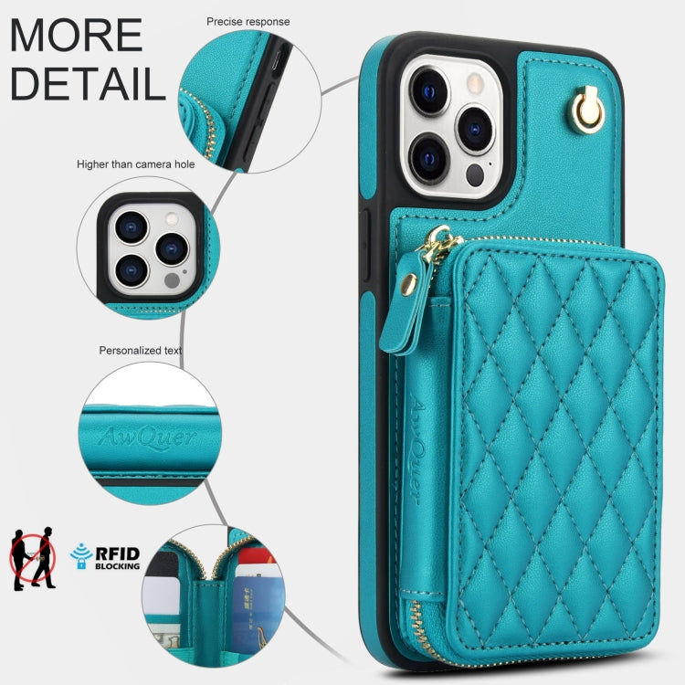 For iPhone 14 Pro Max AwQuer Crossbody Zipper Wallet Rhombic Leather Back Phone Case(Green) - iPhone 14 Pro Max Cases by Awquer | Online Shopping UK | buy2fix