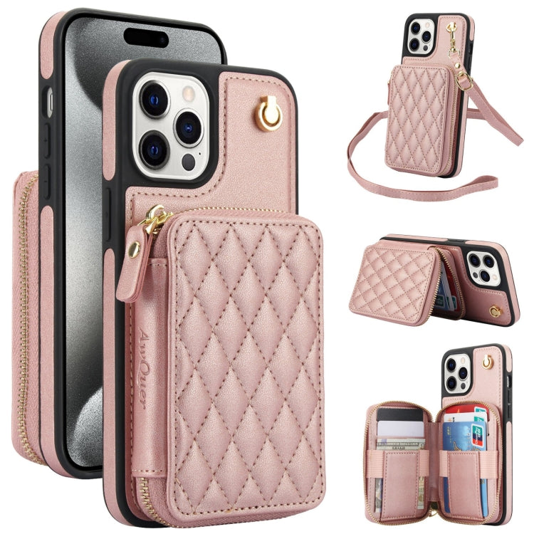 For iPhone 14 Pro Max AwQuer Crossbody Zipper Wallet Rhombic Leather Back Phone Case(Rose Gold) - iPhone 14 Pro Max Cases by Awquer | Online Shopping UK | buy2fix