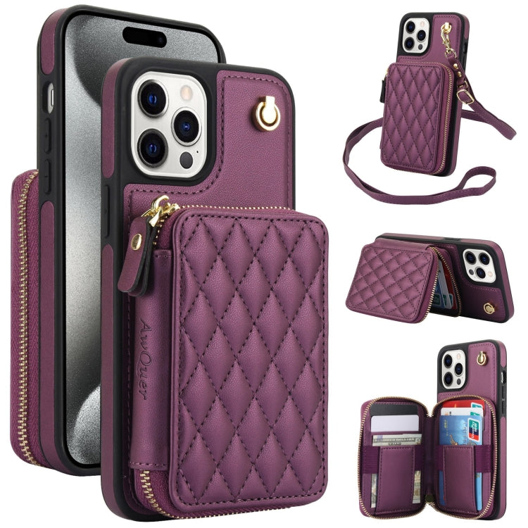 For iPhone 14 Pro Max AwQuer Crossbody Zipper Wallet Rhombic Leather Back Phone Case(Dark Purple) - iPhone 14 Pro Max Cases by Awquer | Online Shopping UK | buy2fix