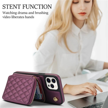 For iPhone 14 Pro Max AwQuer Crossbody Zipper Wallet Rhombic Leather Back Phone Case(Dark Purple) - iPhone 14 Pro Max Cases by Awquer | Online Shopping UK | buy2fix