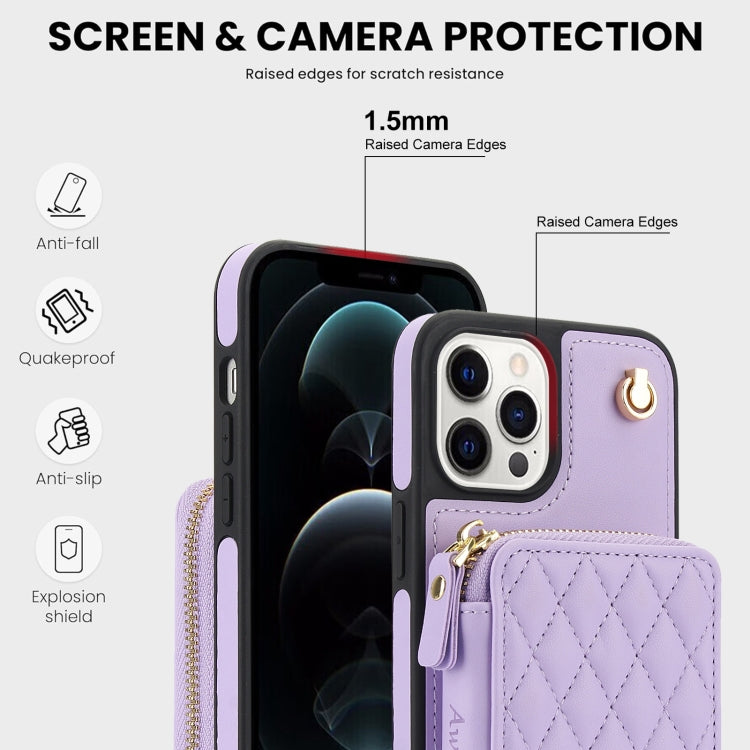 For iPhone 14 Pro Max AwQuer Crossbody Zipper Wallet Rhombic Leather Back Phone Case(Purple) - iPhone 14 Pro Max Cases by Awquer | Online Shopping UK | buy2fix