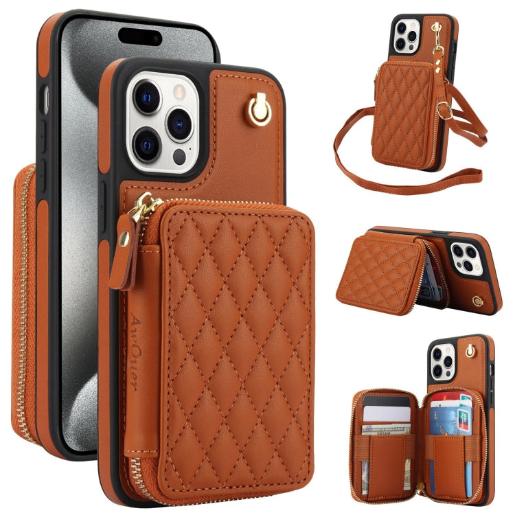For iPhone 14 Pro Max AwQuer Crossbody Zipper Wallet Rhombic Leather Back Phone Case(Brown) - iPhone 14 Pro Max Cases by Awquer | Online Shopping UK | buy2fix