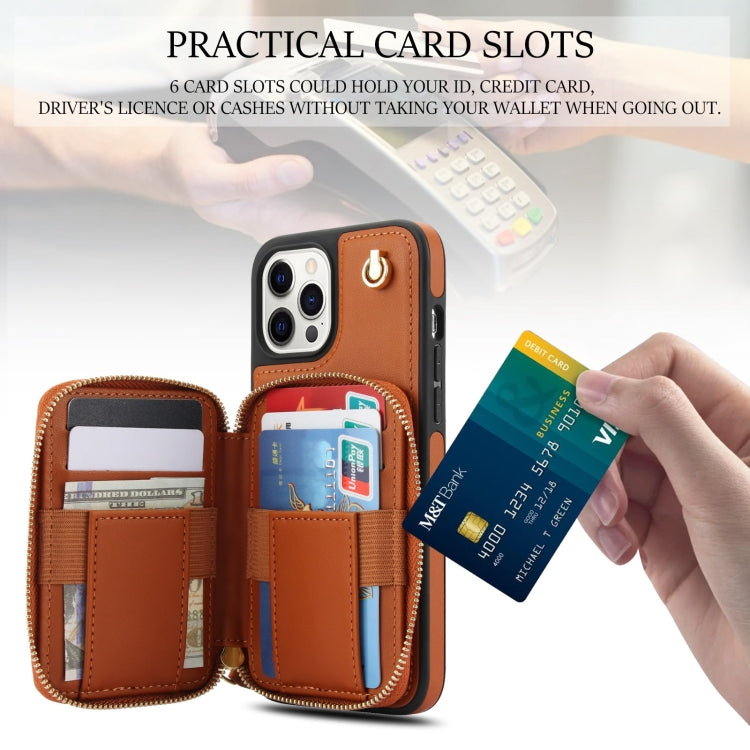 For iPhone 14 Pro Max AwQuer Crossbody Zipper Wallet Rhombic Leather Back Phone Case(Brown) - iPhone 14 Pro Max Cases by Awquer | Online Shopping UK | buy2fix