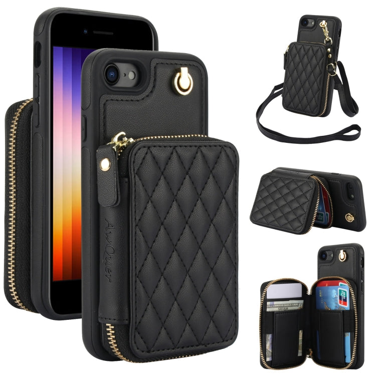 For iPhone 7 / 8 / SE 2022 AwQuer Crossbody Zipper Wallet Rhombic Leather Back Phone Case(Black) - iPhone SE 2022 / 2020 / 8 / 7 Cases by Awquer | Online Shopping UK | buy2fix