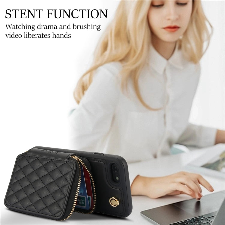 For iPhone 7 / 8 / SE 2022 AwQuer Crossbody Zipper Wallet Rhombic Leather Back Phone Case(Black) - iPhone SE 2022 / 2020 / 8 / 7 Cases by Awquer | Online Shopping UK | buy2fix