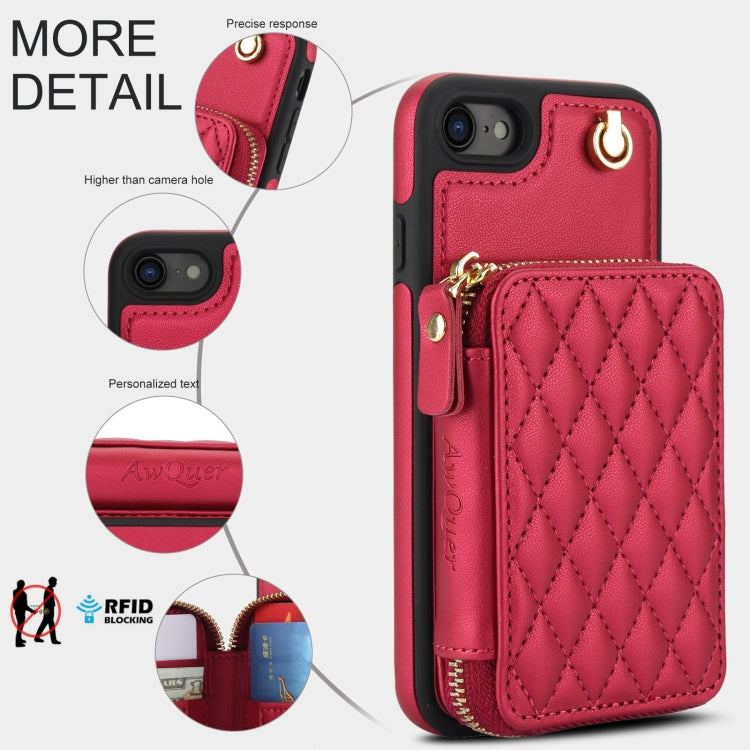 For iPhone 7 / 8 / SE 2022 AwQuer Crossbody Zipper Wallet Rhombic Leather Back Phone Case(Red) - iPhone SE 2022 / 2020 / 8 / 7 Cases by Awquer | Online Shopping UK | buy2fix