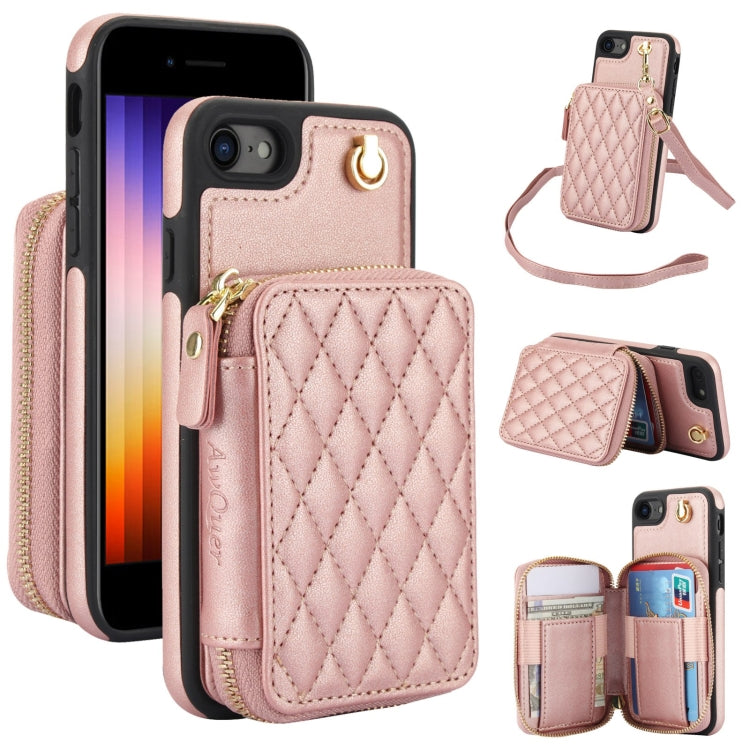 For iPhone 7 / 8 / SE 2022 AwQuer Crossbody Zipper Wallet Rhombic Leather Back Phone Case(Rose Gold) - iPhone SE 2022 / 2020 / 8 / 7 Cases by Awquer | Online Shopping UK | buy2fix