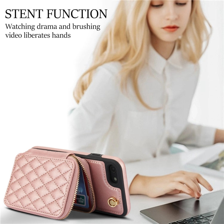 For iPhone 7 / 8 / SE 2022 AwQuer Crossbody Zipper Wallet Rhombic Leather Back Phone Case(Rose Gold) - iPhone SE 2022 / 2020 / 8 / 7 Cases by Awquer | Online Shopping UK | buy2fix