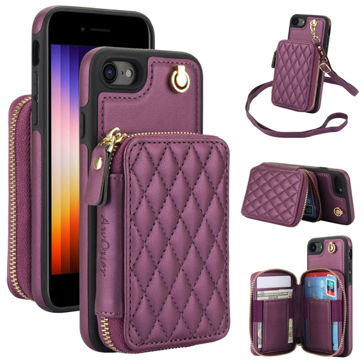 For iPhone 7 / 8 / SE 2022 AwQuer Crossbody Zipper Wallet Rhombic Leather Back Phone Case(Dark Purple) - iPhone SE 2022 / 2020 / 8 / 7 Cases by Awquer | Online Shopping UK | buy2fix