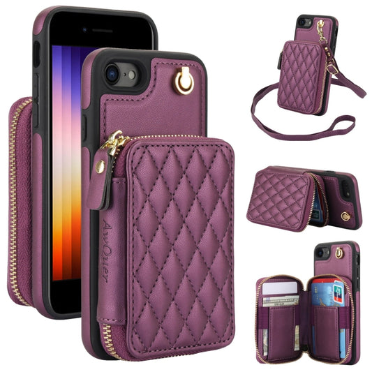 For iPhone 7 / 8 / SE 2022 AwQuer Crossbody Zipper Wallet Rhombic Leather Back Phone Case(Dark Purple) - iPhone SE 2022 / 2020 / 8 / 7 Cases by Awquer | Online Shopping UK | buy2fix