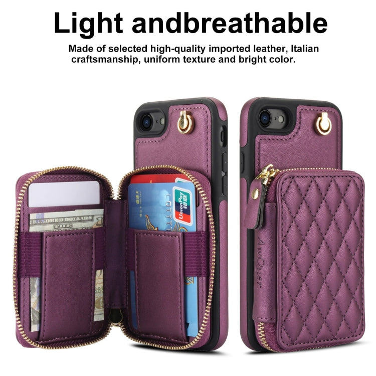 For iPhone 7 / 8 / SE 2022 AwQuer Crossbody Zipper Wallet Rhombic Leather Back Phone Case(Dark Purple) - iPhone SE 2022 / 2020 / 8 / 7 Cases by Awquer | Online Shopping UK | buy2fix