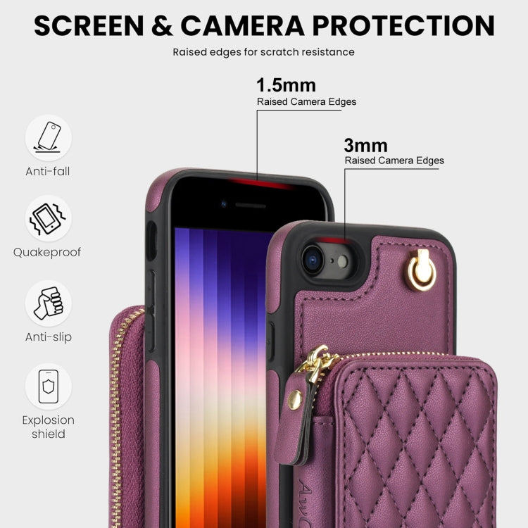 For iPhone 7 / 8 / SE 2022 AwQuer Crossbody Zipper Wallet Rhombic Leather Back Phone Case(Dark Purple) - iPhone SE 2022 / 2020 / 8 / 7 Cases by Awquer | Online Shopping UK | buy2fix