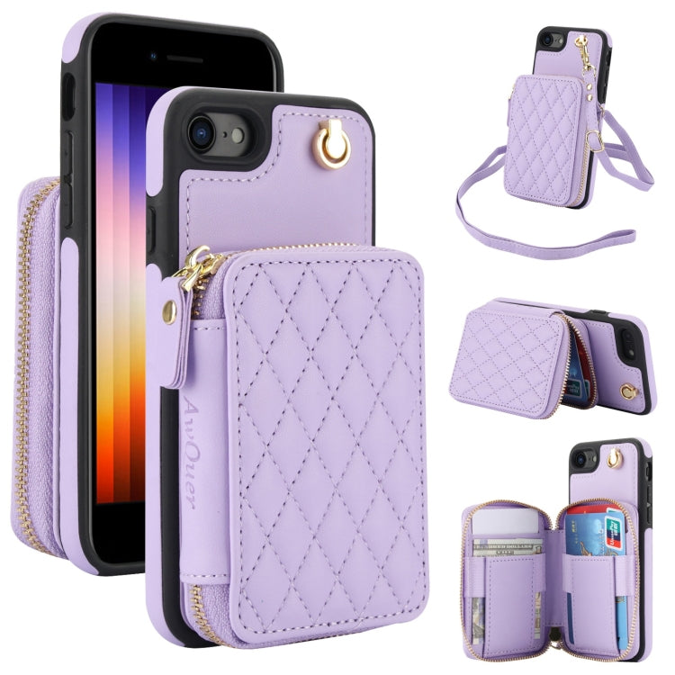 For iPhone 7 / 8 / SE 2022 AwQuer Crossbody Zipper Wallet Rhombic Leather Back Phone Case(Purple) - iPhone SE 2022 / 2020 / 8 / 7 Cases by Awquer | Online Shopping UK | buy2fix